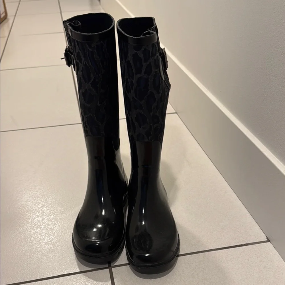 BCBGMaxAzria Black Winter Rain Boots Knee-High black so to animal print